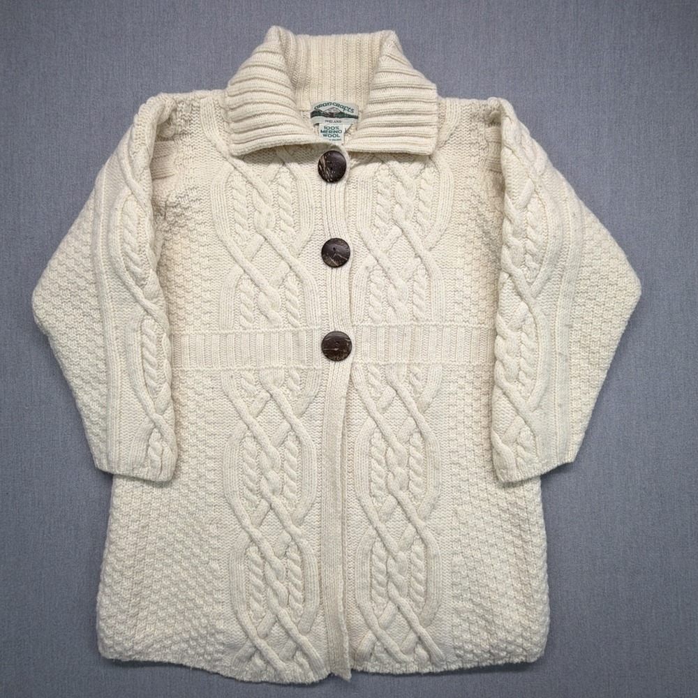 Aran‎ Crafts 100% Merino Wool Large Cable Knit Long Cardigan Ivory Parka Cottage